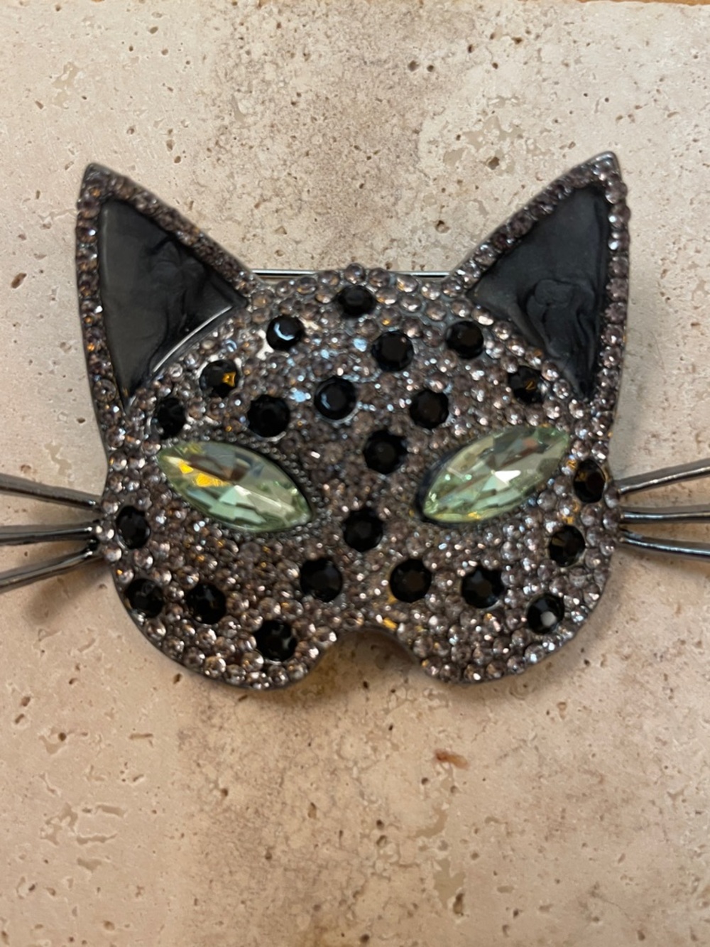 Crystal Cat Face Brooch with Green Crystal Eyes